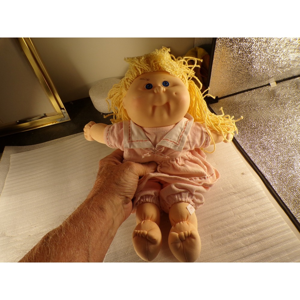 Vintage Cabbage Patch Kids Doll Yellow Yarn Hair Blue Eyes Pink Sailor Outfit